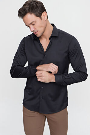 Erkek Siyah Slim Fit Dar Kesim Düz Sert Yaka Uzun Kollu Gömlek
