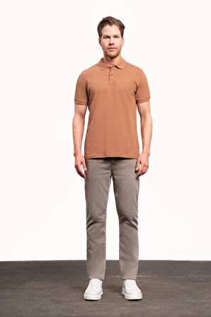 Açık Kahve Basic Düz %100 Pamuk Slim Fit Dar Kesim Kısa Kollu  Polo Yaka Erkek Tişört