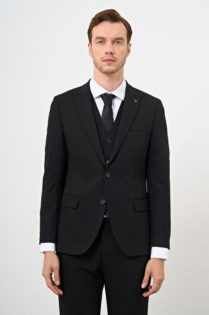 Siyah Yelekli Basic Düz Slim Fit Dar Kesim 6 Drop Erkek Takım Elbise