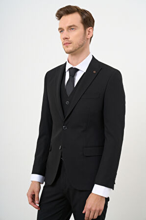 Siyah Yelekli Basic Düz Slim Fit Dar Kesim 6 Drop Erkek Takım Elbise