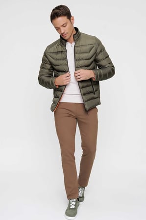 Haki Ekstra Slim Ft Dar Kesim Fermuarlı Kapitone Şişme  Mont