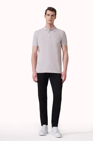Gri Basic Düz %100 Pamuk Slim Fit Kısa Kollu  Polo Yaka Erkek Tişört