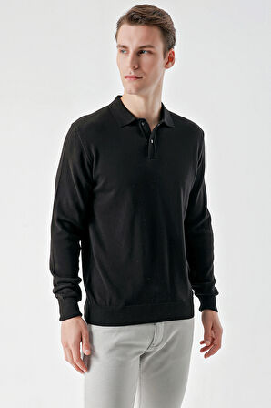 Siyah Basic Dinamik Fit Rahat Kesim Polo Yaka HEDİYE KUTULU Triko Kazak