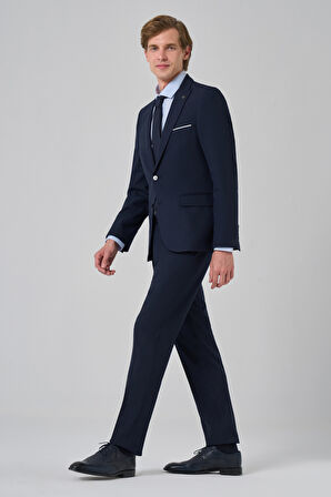 Erkek Lacivert Basic Düz Slim Fit Takım Elbise (GÖMLEK,KRAVAT HEDİYE)