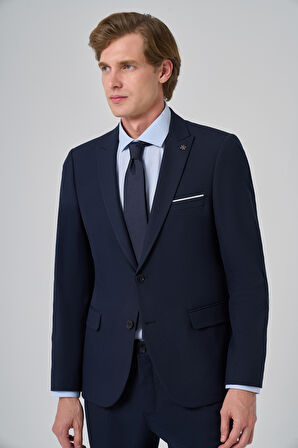 Erkek Lacivert Basic Düz Slim Fit Takım Elbise (GÖMLEK,KRAVAT HEDİYE)