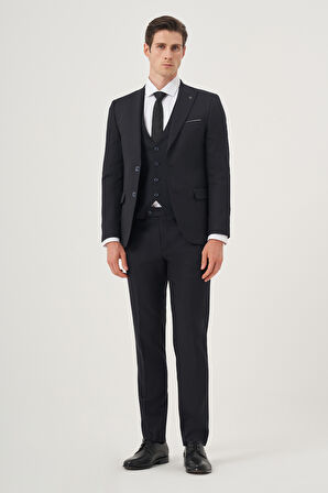 Lacivert Yelekli Jakarlı Slim Fit Dar Kesim 6 Drop Erkek Takım Elbise