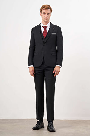 Siyah Yelekli Jakarlı Slim Fit Dar Kesim 6 Drop Erkek Takım Elbise