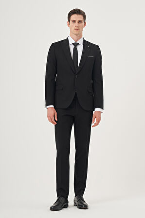 Erkek Siyah Basic Düz Slim Fit Dar Kesim 6 Drop Takım Elbise