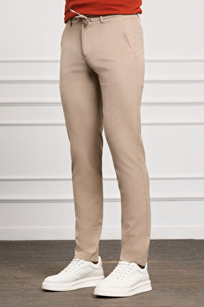 Bej Slim Fit Dar Kesim Yan Cep Bağcıklı Jogger Erkek Pantolon