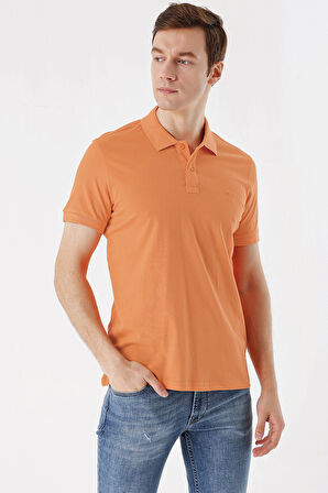 Erkek Oranj Basic Düz %100 Pamuk Slim Fit Dar Kesim Kısa Kollu  Polo Yaka Tişört