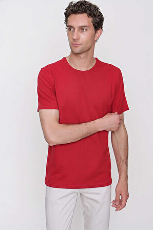 Erkek Bordo Basic Düz %100 Pamuk Bisiklet Yaka Slim Fit Dar Kesim Kısa Kollu Tişört