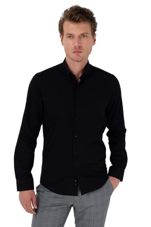 Siyah Basic Slim Fit Dar Kesim Düz Sert Yaka Uzun Kollu Gömlek