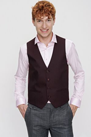  Erkek Bordo Jakarlı Slim Fit Dar Kesim Yelek