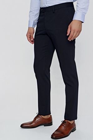  Erkek Lacivert Basic Slim Fit Yan Cep Kumaş Pantolon