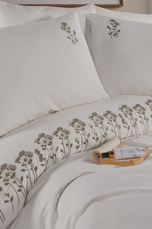 Newhome Diamond Florin Krem Lüx Nakışlı %100 Pamuk Çift Kişilik Nevresim Takımı