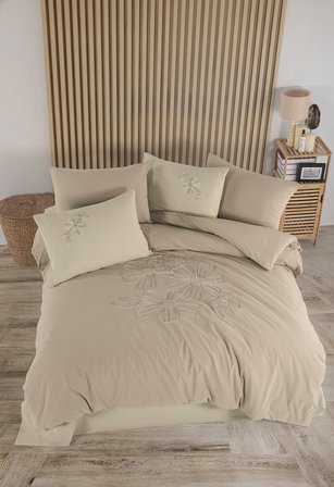 Newhome Diamond Lotus Kapiçino Lüx Nakışlı %100 Pamuk Çift Kişilik Nevresim Takımı