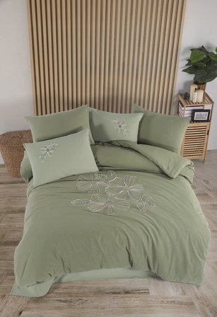 Newhome Diamond Lotus Adaçayı Lüx Nakışlı %100 Pamuk Çift Kişilik Nevresim Takımı