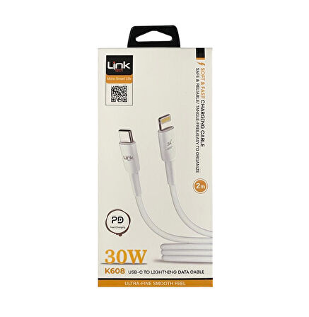 LinkTech K608 Type-C to iPh Lightning 30W 2mt Şarj Kablosu Beyaz