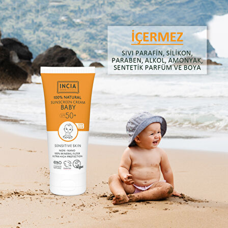 INCIA %100 Doğal Bebek Güneş Kremi Leke Karşıtı Mineral Filtreli Yüksek Koruma SPF 50+ UVA UVB 10 ml