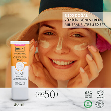 %100 Doğal Yüz Güneş Kremi Leke Karşıtı Aydınlatıcı Mineral Filtre UVA1 UVA2 UVB SPF 50+ 30 ml