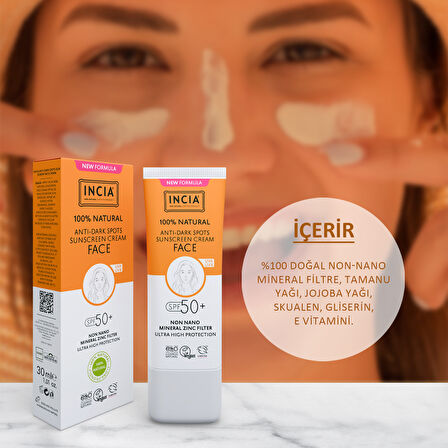 %100 Doğal Yüz Güneş Kremi Leke Karşıtı Aydınlatıcı Mineral Filtre UVA1 UVA2 UVB SPF 50+ 30 ml
