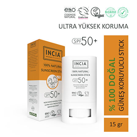 INCIA 100% Doğal Güneş Koruyucu Sun Stick Mineral Filtreli Hassas Cilt Bitkisel UVA UVB SPF50+ 15 gr
