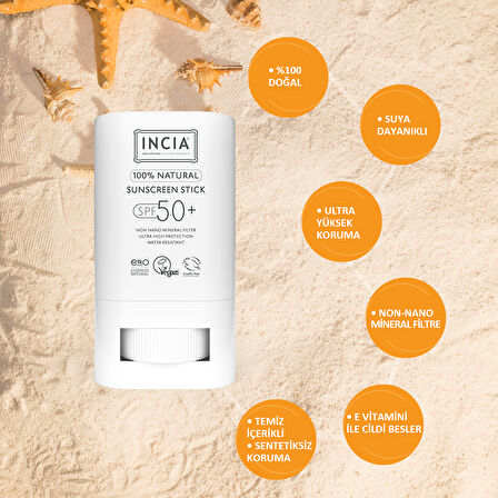 INCIA 100% Doğal Güneş Koruyucu Sun Stick Mineral Filtreli Hassas Cilt Bitkisel UVA UVB SPF50+ 15 gr