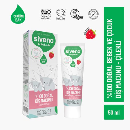 Siveno %100 Doğal Diş Macunu Bebek ve Çocuk İçin Çilek Aromalı Florürsüz 50 ml