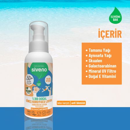 Siveno  Doğal Ve Organik Tamanu Yağlı Güneş Losyonu Mineral Filtreli Tüm Aile İ̇Çin Spf 50+ Uva Uvb 100 Ml