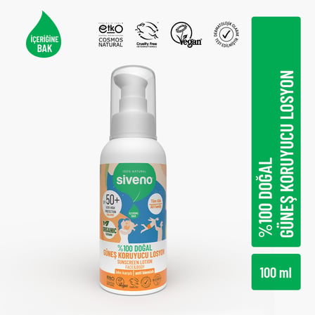 Siveno %100 Doğal ve Organik Tamanu Yağlı Güneş Losyonu Mineral Filtreli Tüm Aile Için 50 Spf 100 ml