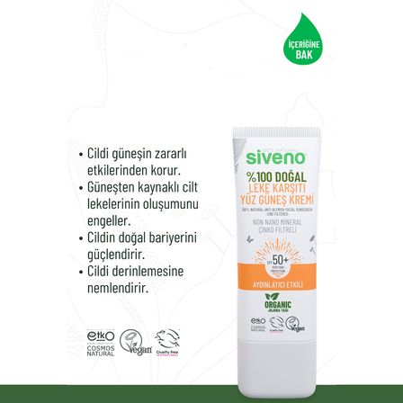 Siveno  Doğal Yüz Güneş Kremi Leke Karşıtı Aydınlatıcı Çinko Mineral Filtre Spf 50+ Uva Uvb  30 Ml