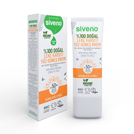 Siveno %100 Doğal Yüz Güneş Kremi Leke Karşıtı Aydınlatıcı Mineral Filtre UVA UVB SPF 50+ 30 ml