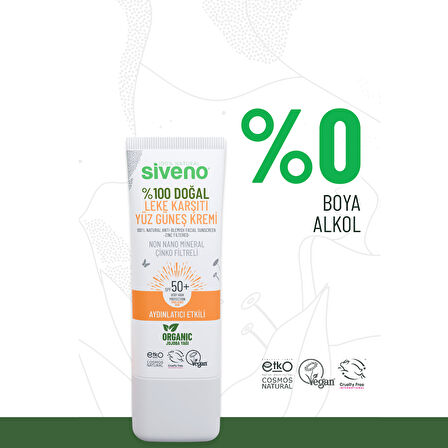 Siveno %100 Doğal Yüz Güneş Kremi Leke Karşıtı Aydınlatıcı Mineral Filtre UVA UVB SPF 50+ 30 ml