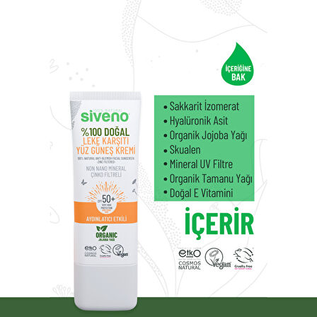 Siveno %100 Doğal Yüz Güneş Kremi Leke Karşıtı Aydınlatıcı Mineral Filtre UVA UVB SPF 50+ 30 ml