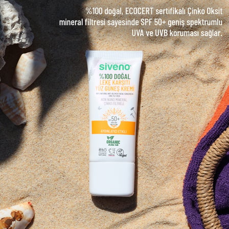 Siveno %100 Doğal Yüz Güneş Kremi Leke Karşıtı Aydınlatıcı Mineral Filtre UVA UVB SPF 50+ 30 ml