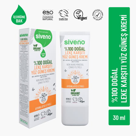 Siveno %100 Doğal Yüz Güneş Kremi Leke Karşıtı Aydınlatıcı Mineral Filtre UVA UVB SPF 50+ 30 ml