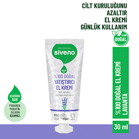 Siveno %100 Doğal El ve Vücut Kremi Lavanta Cilt Yatıştırıcı Onarıcı Yoğun Nemlendirici Vegan 30 ml