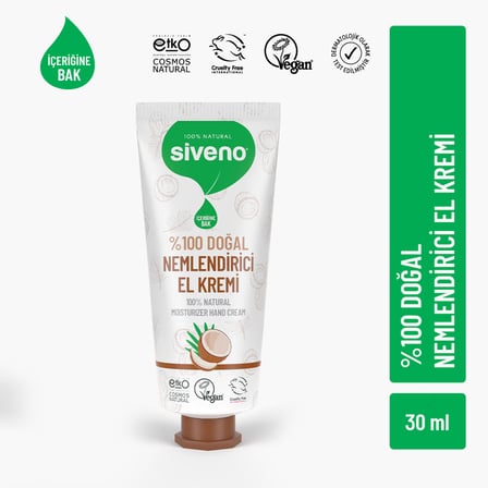 Siveno %100 Doğal El ve Vücut Kremi Hindistan Cevizi Avokado Yoğun Nemlendirici Onarıcı Vegan 30 ml
