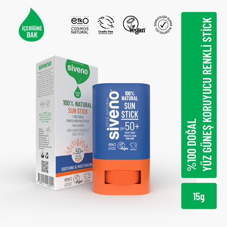 Siveno %100 Doğal Stick Güneş Koruyucu Mineral Filtreli Renkli Ton Eşitleyici Hassas SPF50+ UVA UVB 15 gr