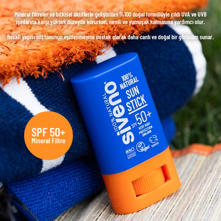 Siveno %100 Doğal Stick Güneş Koruyucu Mineral Filtreli Renkli Ton Eşitleyici Hassas SPF50+ UVA UVB 15 gr