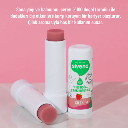 Siveno %100 Doğal Dudak Koruyucu Çilek Bitkisel Lipbalm Dudak Kremi Nemlendirici Parlatıcı Onarıcı 6 G