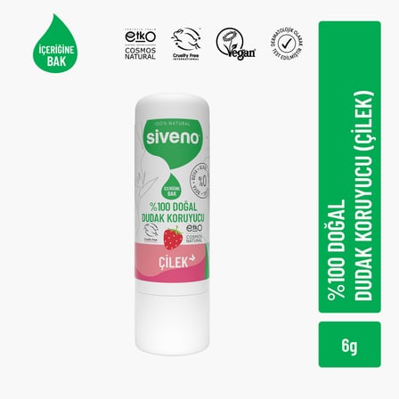 Siveno %100 Doğal Dudak Koruyucu Çilek Bitkisel Lipbalm Dudak Kremi Nemlendirici Parlatıcı Onarıcı 6 G
