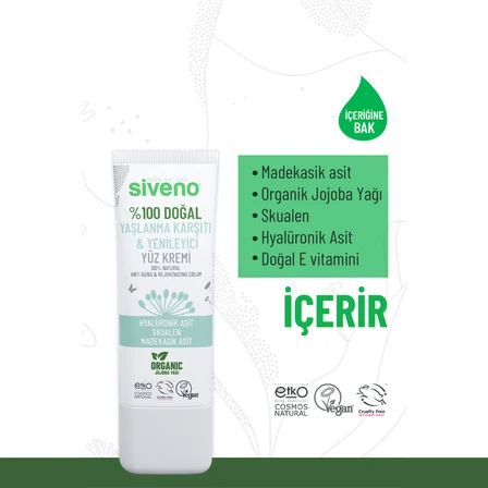Siveno %100 Doğal Yüz Kremi Yaşlanma Karşıtı Hyaluronik Asit Aydınlatıcı Yenileyici Canlandırıcı 30 ml