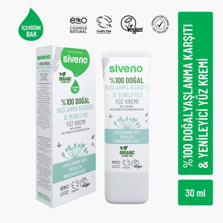Siveno %100 Doğal Yüz Kremi Yaşlanma Karşıtı Hyaluronik Asit Aydınlatıcı Yenileyici Canlandırıcı 30 ml