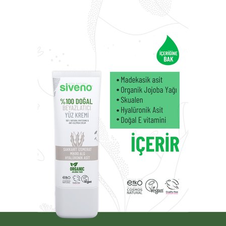 Siveno %100 Doğal Yüz Kremi Beyazlatıcı Anti Blemis Aydınlatıcı Canlandırıcı Etkili 30 ml