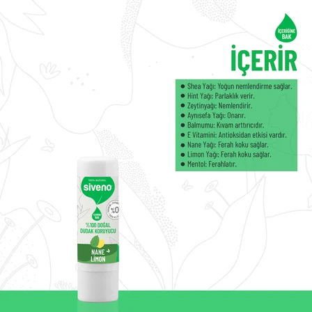 Siveno  Doğal Dudak Koruyucu Nane & Limon Bitkisel Lip Balm Krem Nemlendirici Parlatıcı Onarıcı 6 Gr