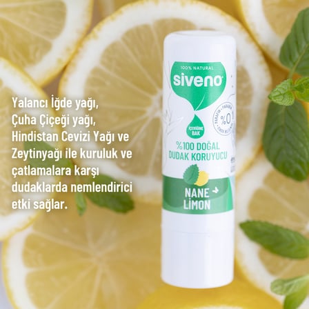Siveno %100 Doğal Dudak Koruyucu Nane & Limon Bitkisel Lipbalm Krem Nemlendirici Parlatıcı Onarıcı 6 G