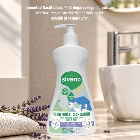 Siveno %100 Doğal Sıvı Kastil Sabun Lavanta Yağlı Cildi Rahatlatıcı Nemlendirici Arındırıcı Bitkisel Vegan 300 ml
