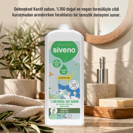 Siveno %100 Doğal Sıvı Kastil Sabun Defne Yağlı Arındırıcı Nemlendirici Bitkisel Vegan 1000 ml