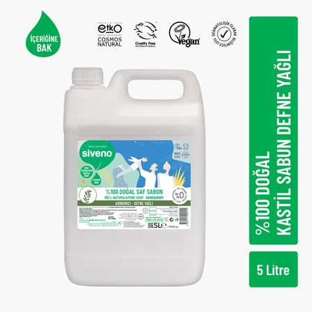Siveno %100 Doğal Sıvı Kastil Sabun Defne Yağlı Yoğun Nemlendirici Arındırıcı Bitkisel Vegan 5000 ml